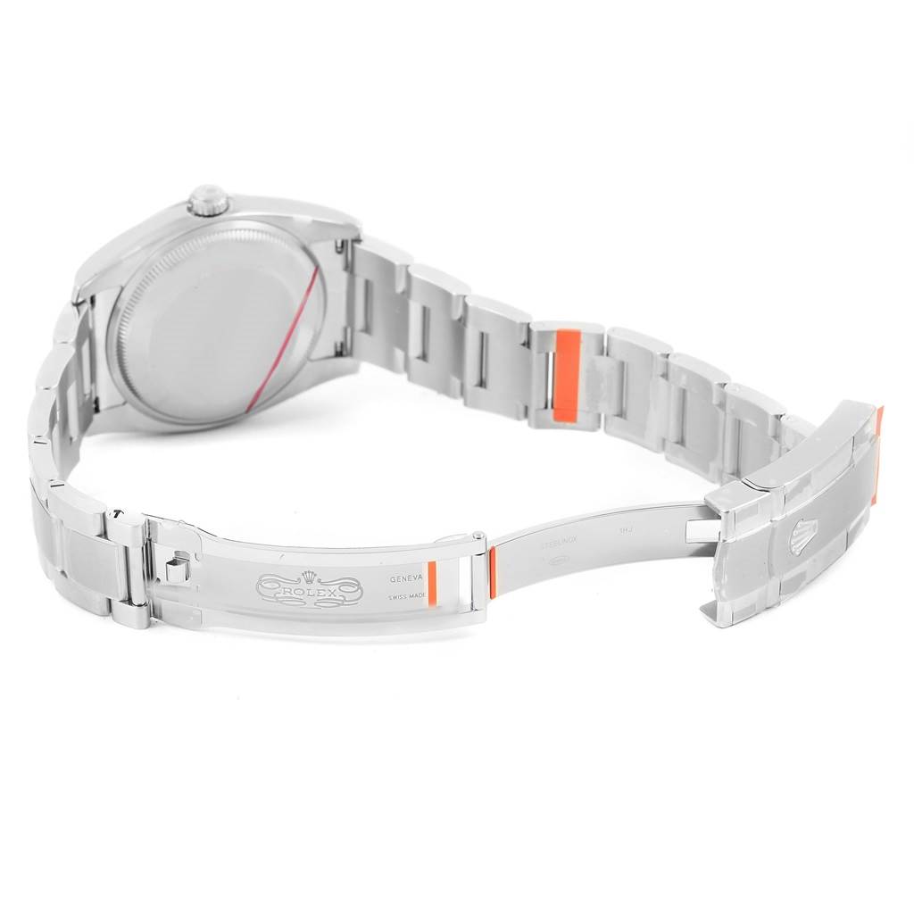 This image shows the back view of a Rolex Oyster Perpetual 116000 Stainless Steel Champagne Dial 116000 Stainless Steel Champagne Dial watch with the clasp and bracelet fully extended.