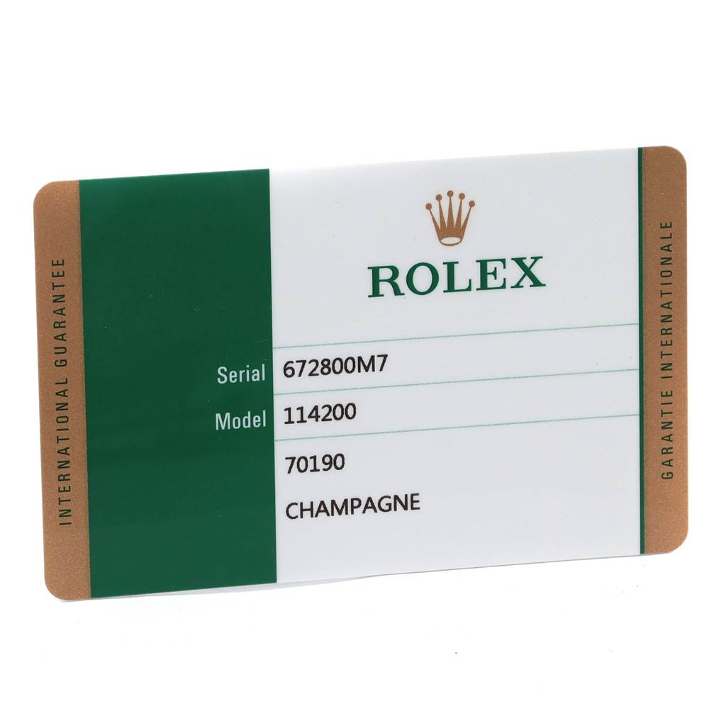 The image shows the international guarantee card for the Rolex Oyster Perpetual 116000 Stainless Steel Champagne Dial 116000 Stainless Steel Champagne Dial model 114200.
