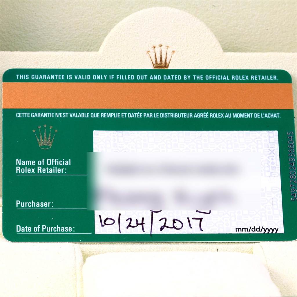 The image shows the official guarantee card for a Rolex Oyster Perpetual 116000 Stainless Steel Grey Dial 116000 Stainless Steel Grey Dial watch.