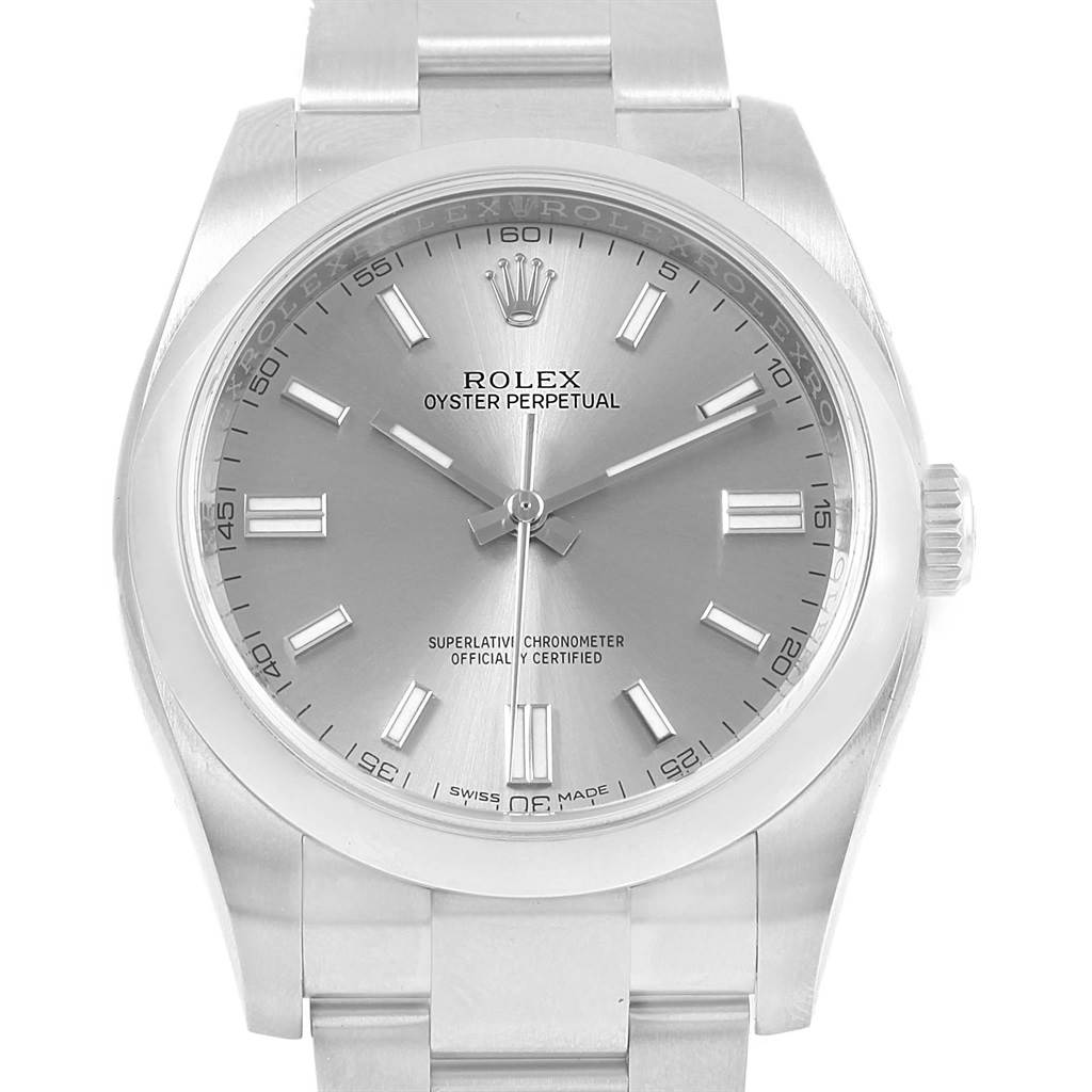 This is a front view of a Rolex Oyster Perpetual 116000 Stainless Steel Grey Dial 116000 Stainless Steel Grey Dial watch showcasing its dial, hands, crown, and part of the bracelet.