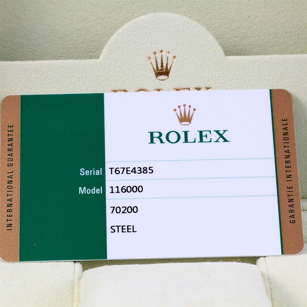 This image shows a Rolex guarantee card for the Oyster Perpetual model 116000.