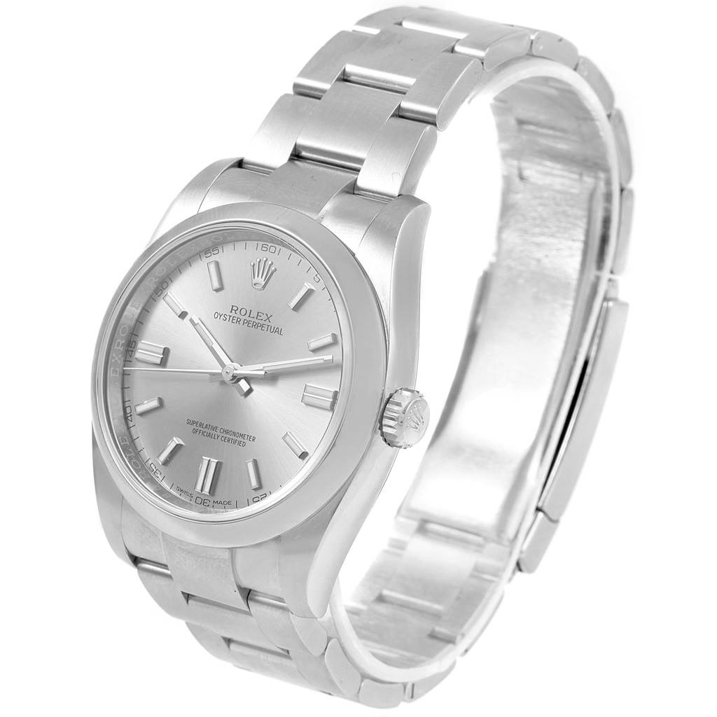 The image shows a Rolex Oyster Perpetual 116000 Stainless Steel Grey Dial 116000 Stainless Steel Grey Dial watch at an angle highlighting its face and bracelet.