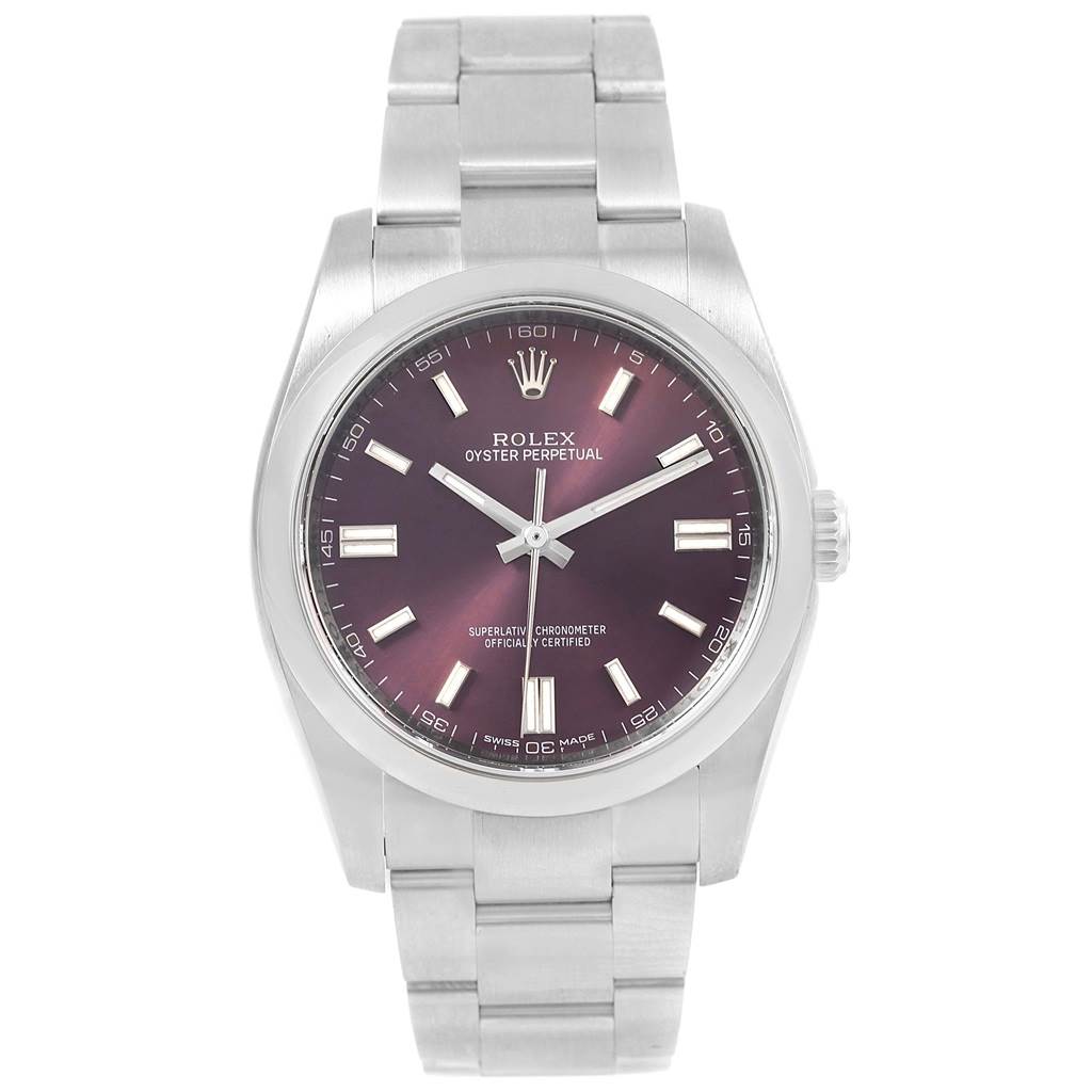The image shows a frontal view of a Rolex Oyster Perpetual 116000 Stainless Steel Burgundy Dial 116000 Stainless Steel Burgundy Dial watch with a metal bracelet and purple dial.