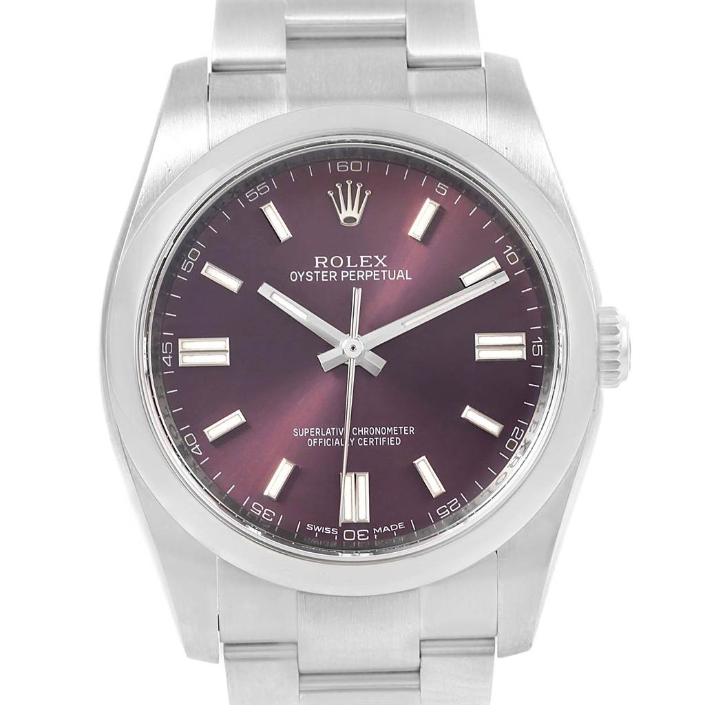 This image shows a front view of a Rolex Oyster Perpetual 116000 Stainless Steel Burgundy Dial 116000 Stainless Steel Burgundy Dial watch, highlighting the face, bezel, and part of the bracelet.