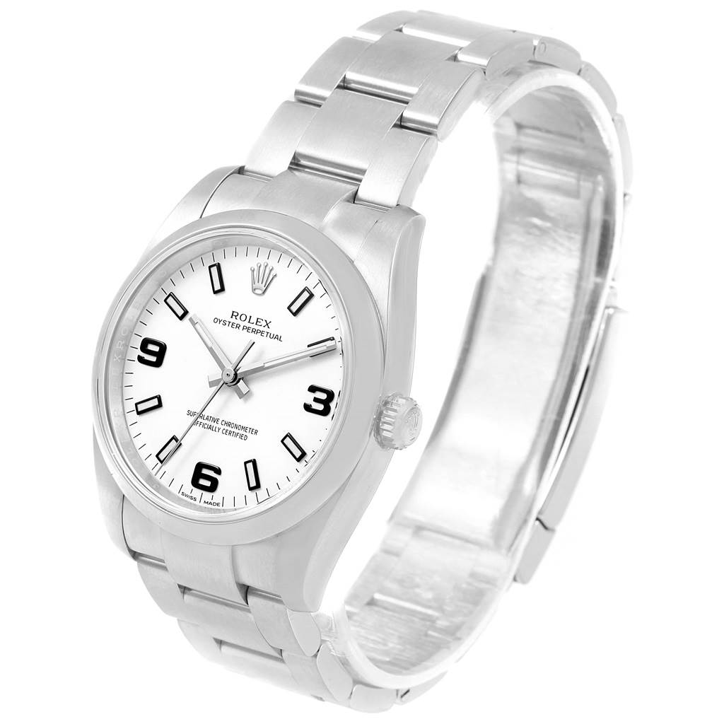 This image shows a front angled view of a Rolex Oyster Perpetual 114200 Stainless Steel White Dial 114200 Stainless Steel White Dial watch, displaying the dial, case, and bracelet.
