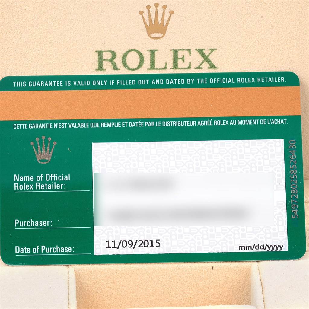 The image shows the warranty card for a Rolex Oyster Perpetual 114200 Stainless Steel White Dial 114200 Stainless Steel White Dial watch, featuring purchase details and retailer information.