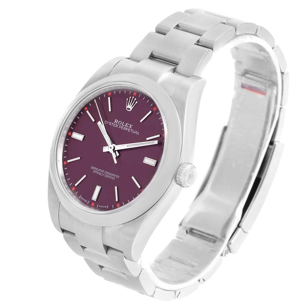 This image shows a Rolex Oyster Perpetual 114300 Stainless Steel Burgundy Dial 114300 Stainless Steel Burgundy Dial watch from an angled view, highlighting the dial, case, and bracelet.