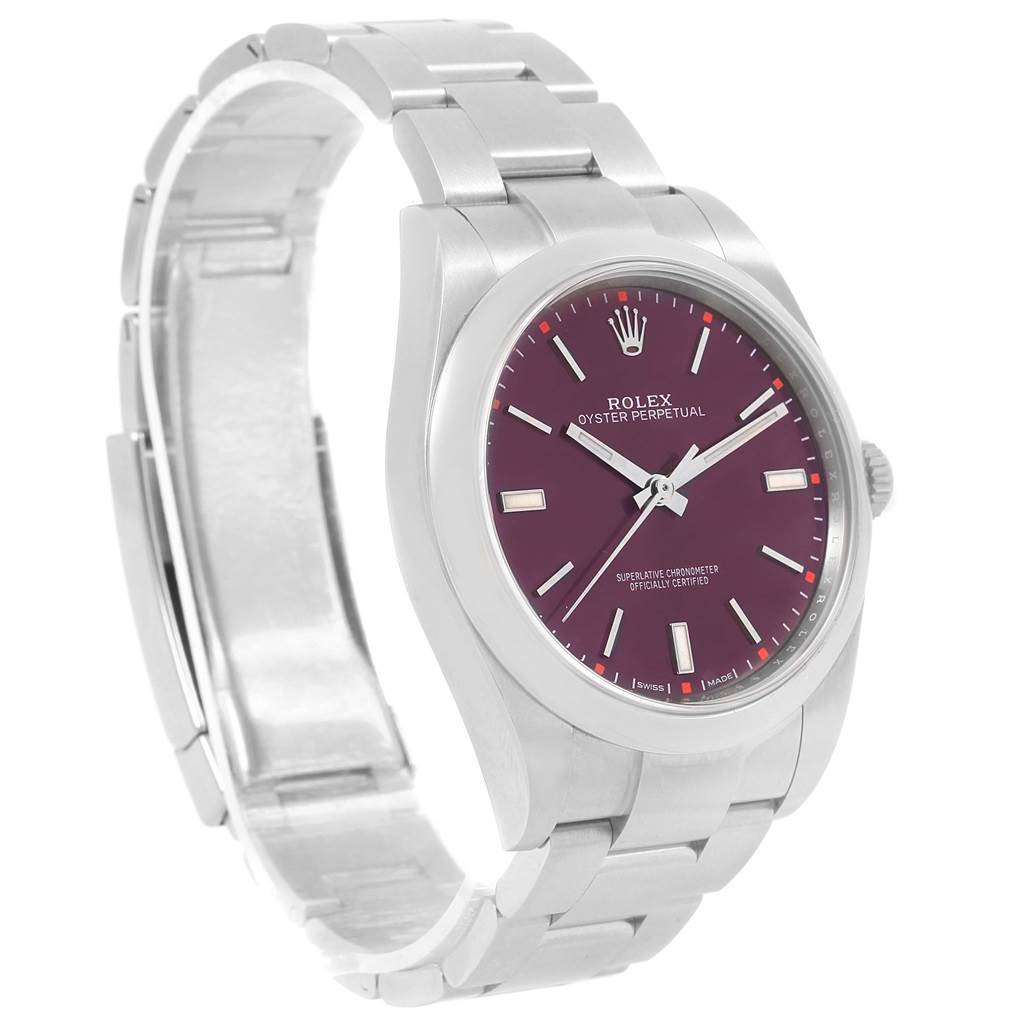 The image shows a side and front view of a Rolex Oyster Perpetual 114300 Stainless Steel Burgundy Dial 114300 Stainless Steel Burgundy Dial watch with a purple dial and stainless steel bracelet.