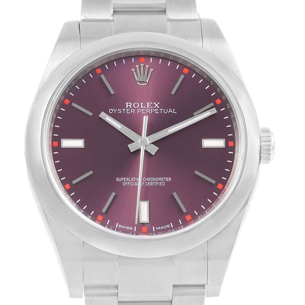 This is a front view of a Rolex Oyster Perpetual 114300 Stainless Steel Burgundy Dial 114300 Stainless Steel Burgundy Dial watch showing the face, hands, crown, and part of the bracelet.