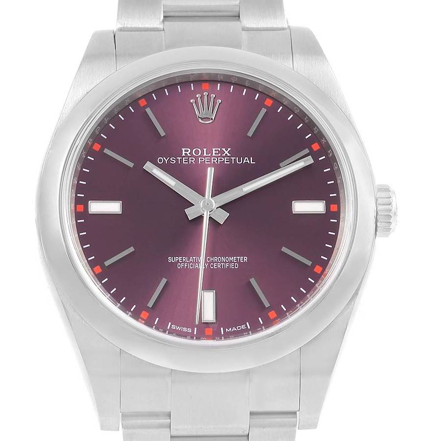 Rolex Oyster Perpetual 39 Red Grape Dial Steel Mens Watch 114300 Box SwissWatchExpo