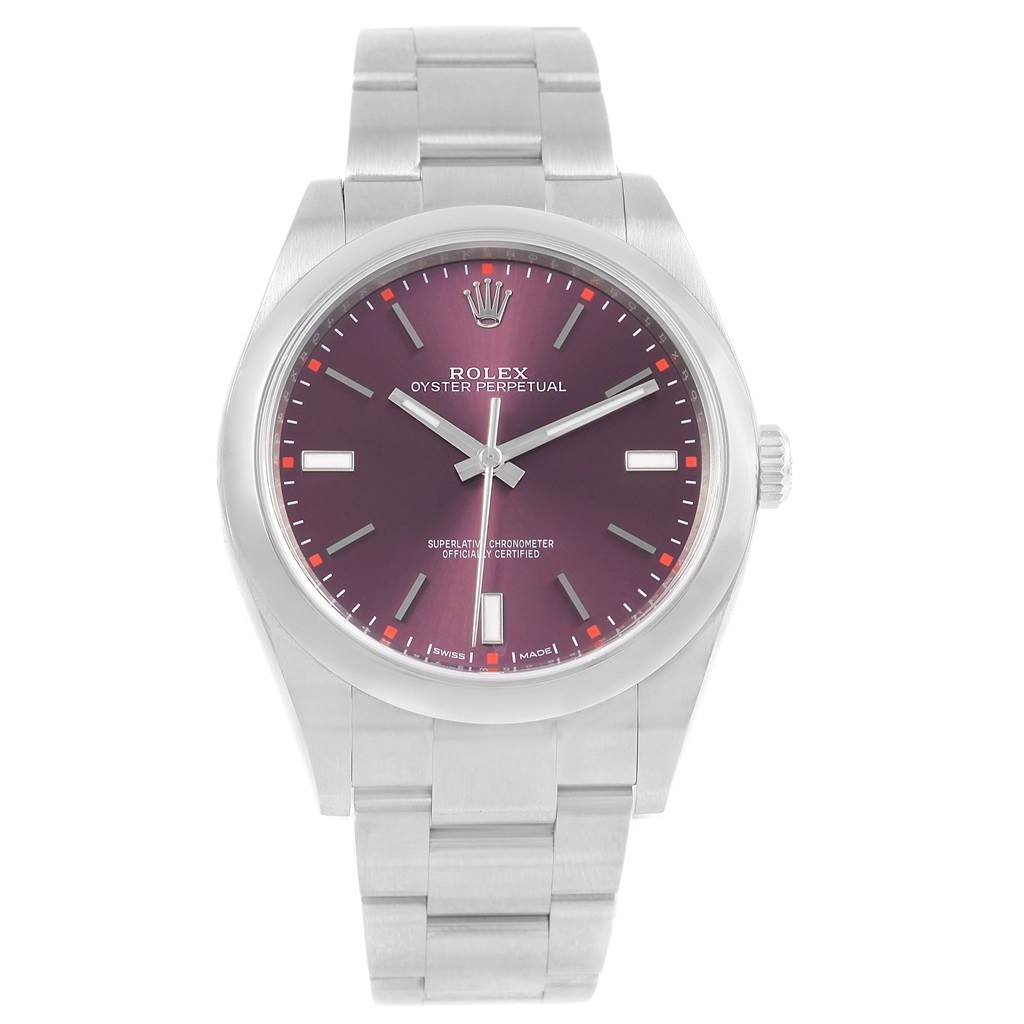 This image shows a front view of a Rolex Oyster Perpetual 114300 Stainless Steel Burgundy Dial 114300 Stainless Steel Burgundy Dial watch with a stainless steel bracelet and a purple dial.