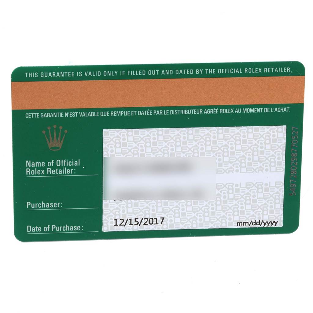 This image shows a warranty card for a Rolex Oyster Perpetual 114200 Stainless Steel Silver Dial 114200 Stainless Steel Silver Dial watch, including purchase and retailer information.