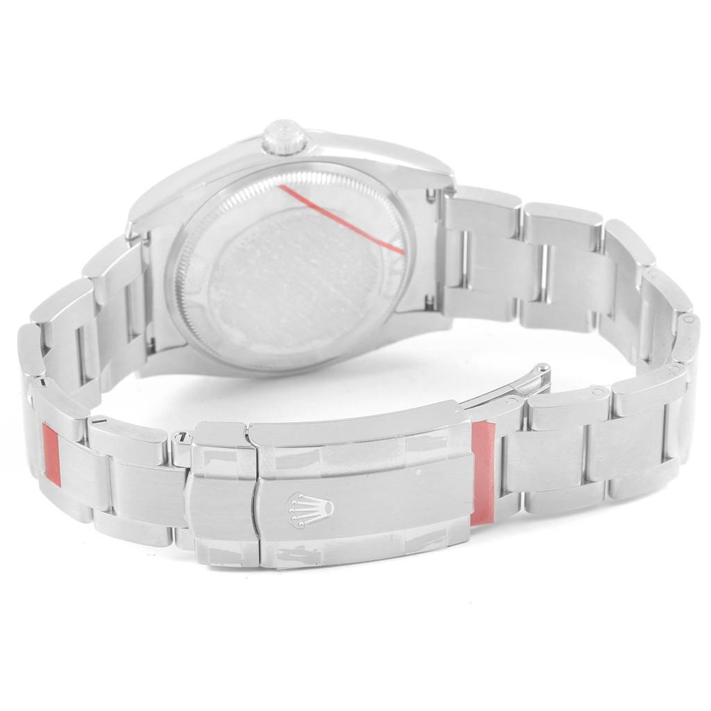 This image shows the back view of a Rolex Oyster Perpetual 114200 Stainless Steel Silver Dial 114200 Stainless Steel Silver Dial watch, including the bracelet and clasp.