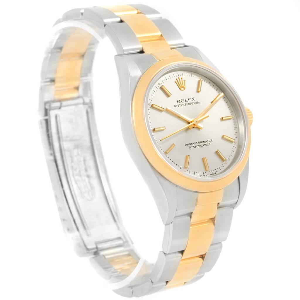 The image shows a Rolex Oyster Perpetual 14203 Steel and Gold (two tone) Silver Dial 14203 Steel and Gold (two tone) Silver Dial watch at a slight angle, highlighting the dial, case, and two-tone bracelet.