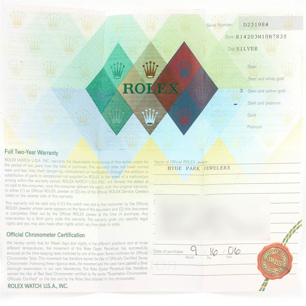 This image shows the warranty card for the Rolex Oyster Perpetual 14203 Steel and Gold (two tone) Silver Dial 14203 Steel and Gold (two tone) Silver Dial watch, detailing the model, serial number, and purchase date.