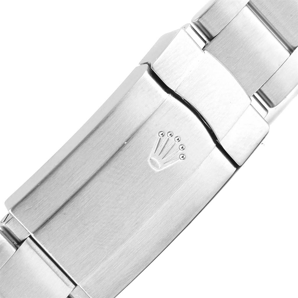 This image shows the clasp of a Rolex Oyster Perpetual 116000 Men's Stainless Steel Silver Dial 116000 Men's Stainless Steel Silver Dial watch.