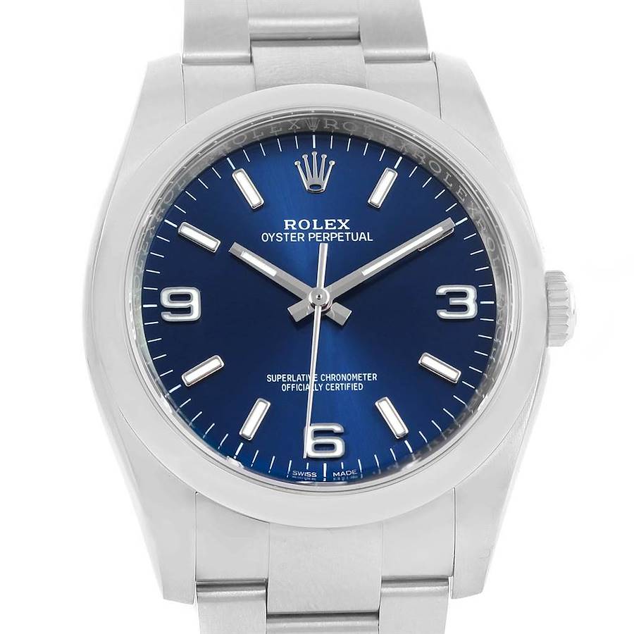 Rolex Oyster Perpetual Blue Dial Domed Bezel Mens Watch 116000 SwissWatchExpo
