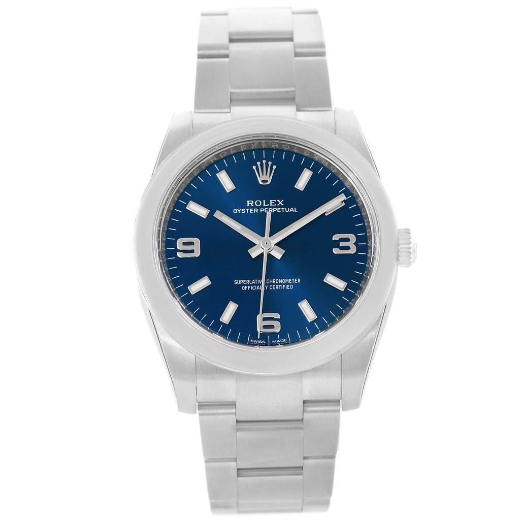 The image shows a Rolex Oyster Perpetual 114200 Men's Stainless Steel Blue Dial 114200 Men's Stainless Steel Blue Dial watch with a blue dial, viewed from the front.
