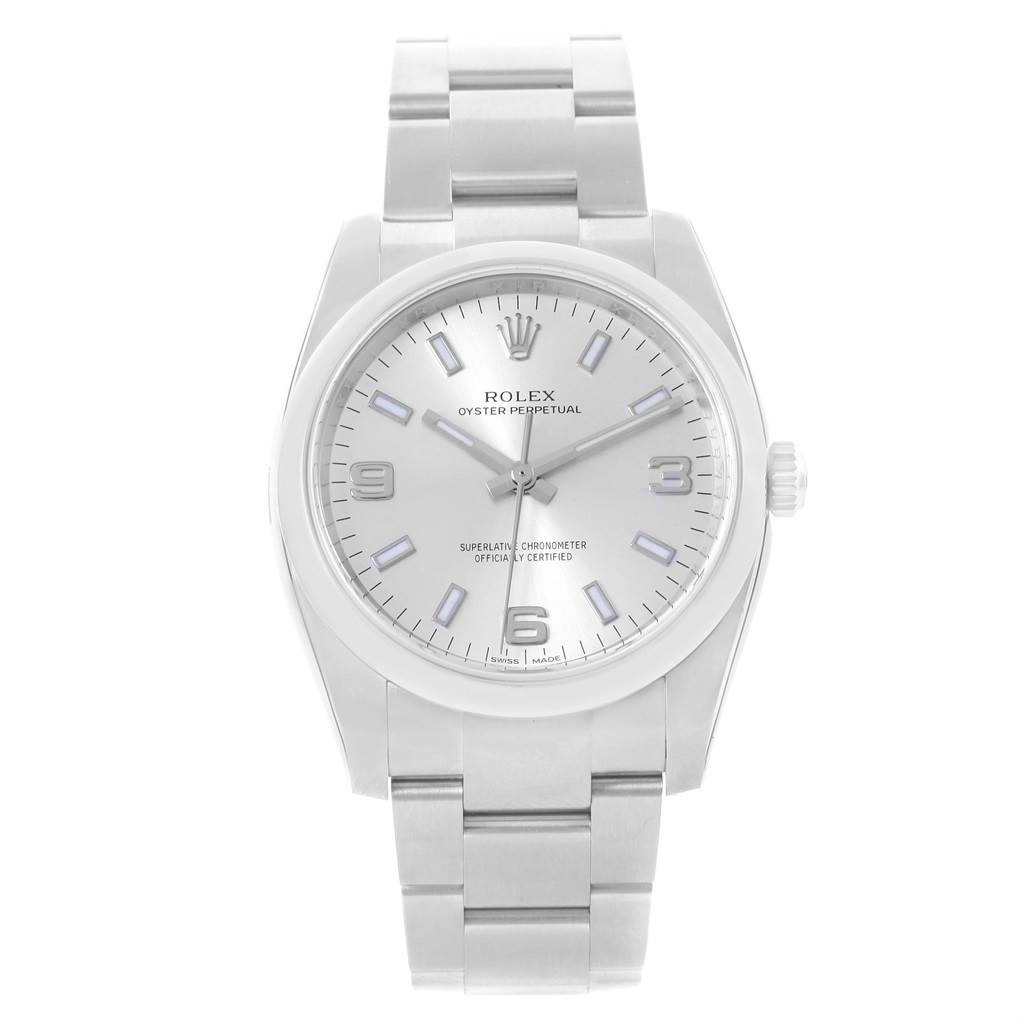 The image shows a front view of the Rolex Oyster Perpetual 114200 Stainless Steel Silver Dial 114200 Stainless Steel Silver Dial watch displaying its face, case, bezel, crown, and bracelet.