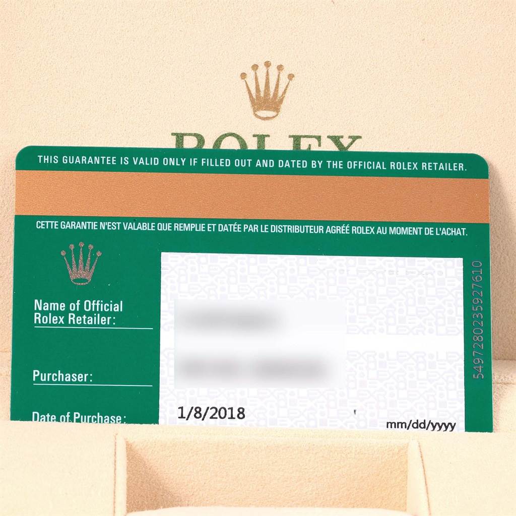 The image shows the warranty card for a Rolex Oyster Perpetual 114200 Stainless Steel Silver Dial 114200 Stainless Steel Silver Dial watch.