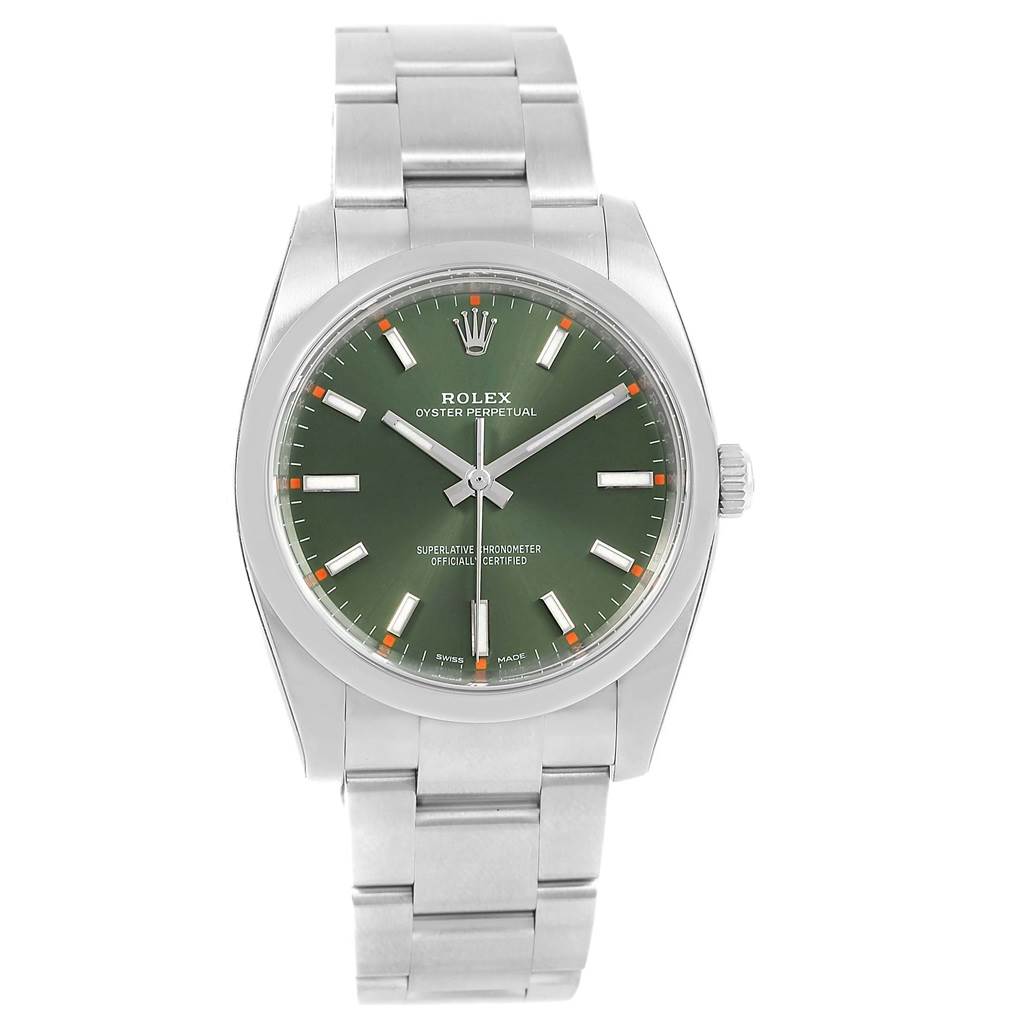 This image shows a front view of a Rolex Oyster Perpetual 114200 Stainless Steel Green Dial 114200 Stainless Steel Green Dial watch with a green dial and stainless steel bracelet.