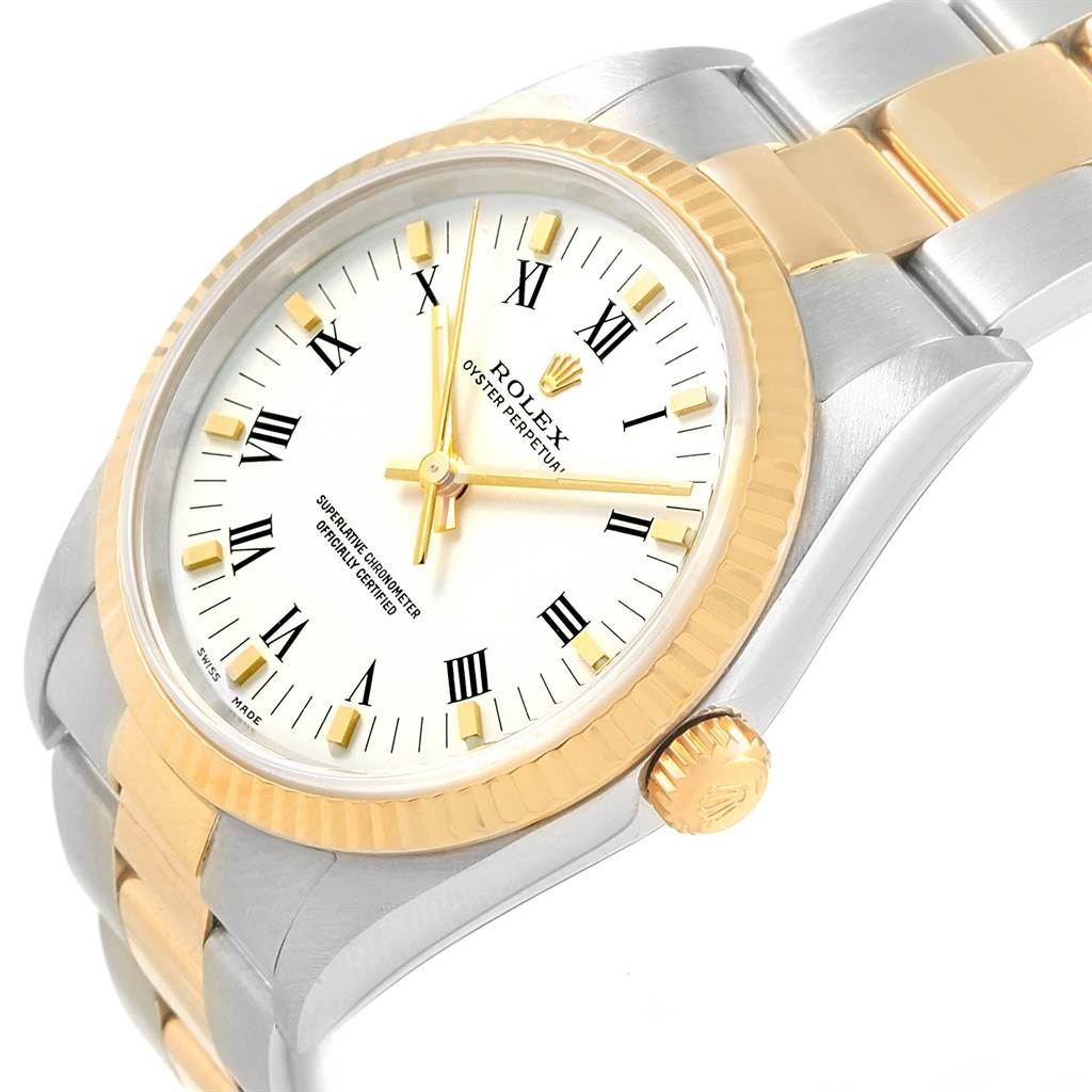 The image shows a Rolex Oyster Perpetual 14233 Men's Steel and Gold (two tone) White Dial 14233 Men's Steel and Gold (two tone) White Dial watch at a three-quarter angle, highlighting the face, crown, and bracelet.