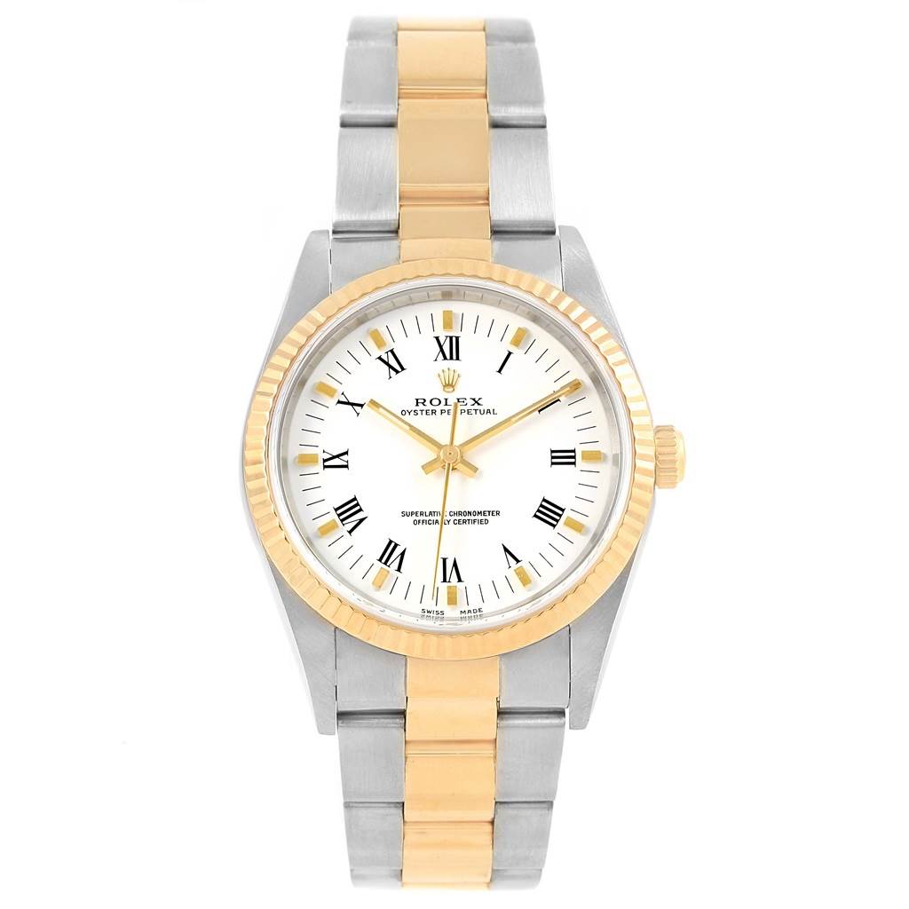 This image shows the front view of a Rolex Oyster Perpetual 14233 Men's Steel and Gold (two tone) White Dial 14233 Men's Steel and Gold (two tone) White Dial watch, highlighting its two-tone bracelet and bezel.