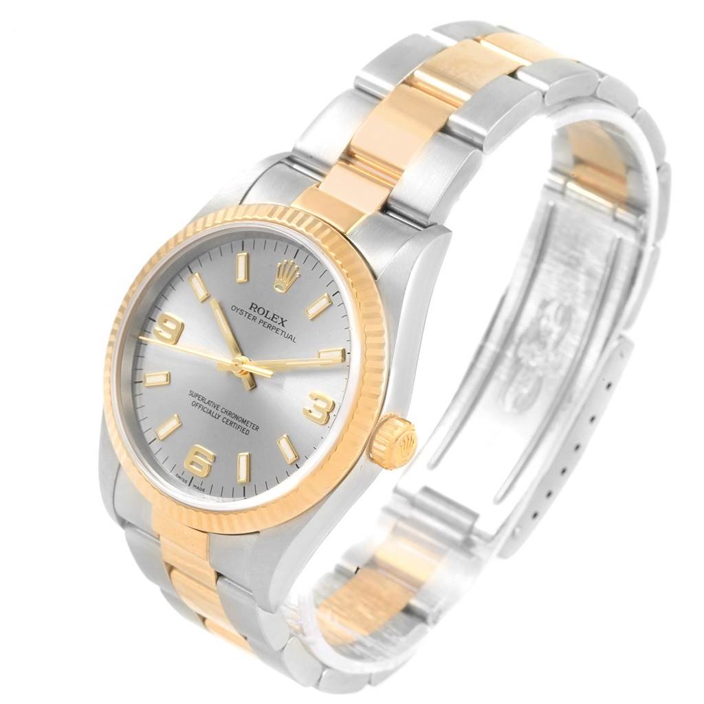 The image shows a Rolex Oyster Perpetual 14233 Men's Steel and Gold (two tone) Grey Dial 14233 Men's Steel and Gold (two tone) Grey Dial watch at a 3/4 angle, highlighting its two-tone bezel, dial, and bracelet.
