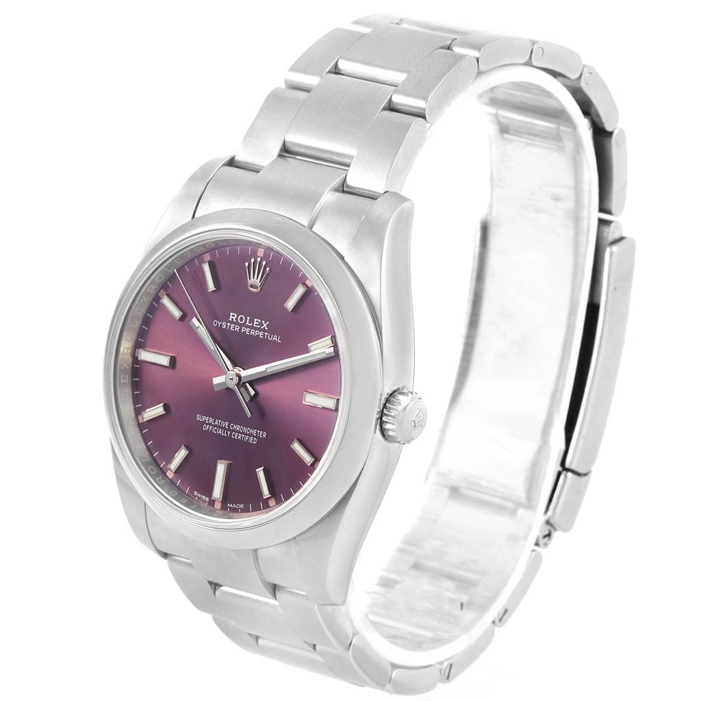 The image shows a Rolex Oyster Perpetual 114200 Stainless Steel Burgundy Dial 114200 Stainless Steel Burgundy Dial watch from a three-quarter angle featuring the face, crown, and bracelet.