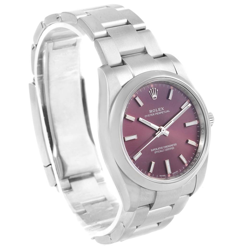 The image shows a Rolex Oyster Perpetual 114200 Stainless Steel Burgundy Dial 114200 Stainless Steel Burgundy Dial watch at a slight angle highlighting its bracelet, case, and purple dial.