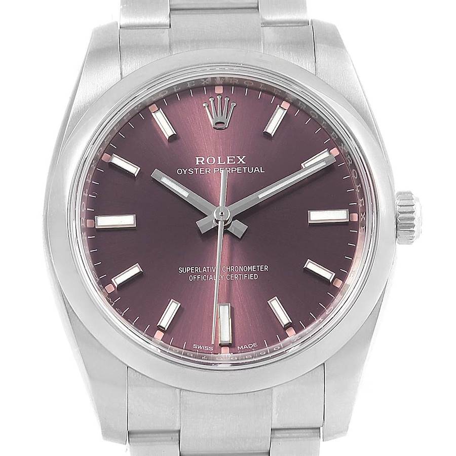 Rolex Oyster Perpetual 34 Red Grape Dial Steel Unisex 114200 SwissWatchExpo