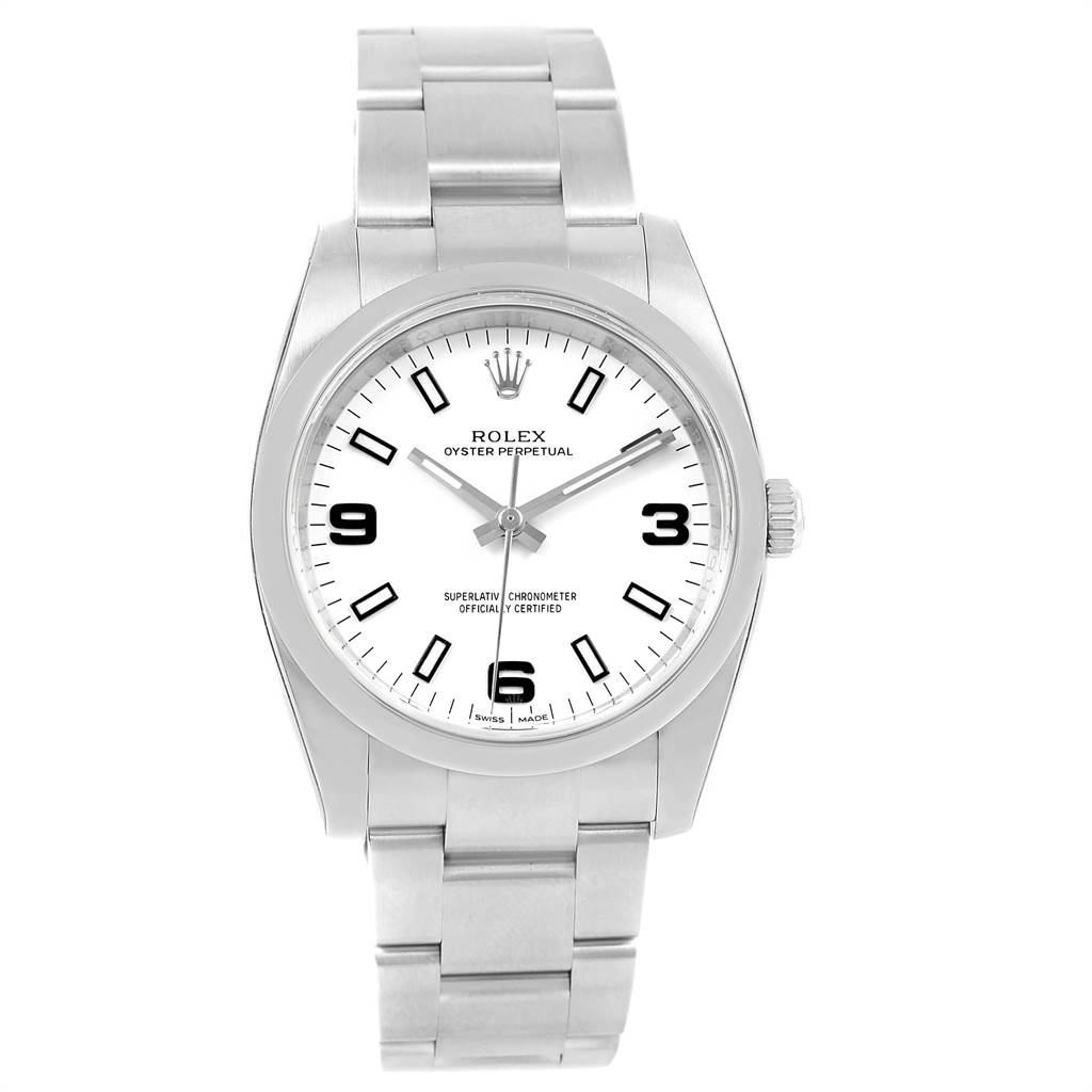 This image shows a frontal view of the Rolex Oyster Perpetual 114200 Men
s Stainless Steel White Dial 114200 Men
s Stainless Steel White Dial watch, displaying the face, bezel, lugs, and bracelet.