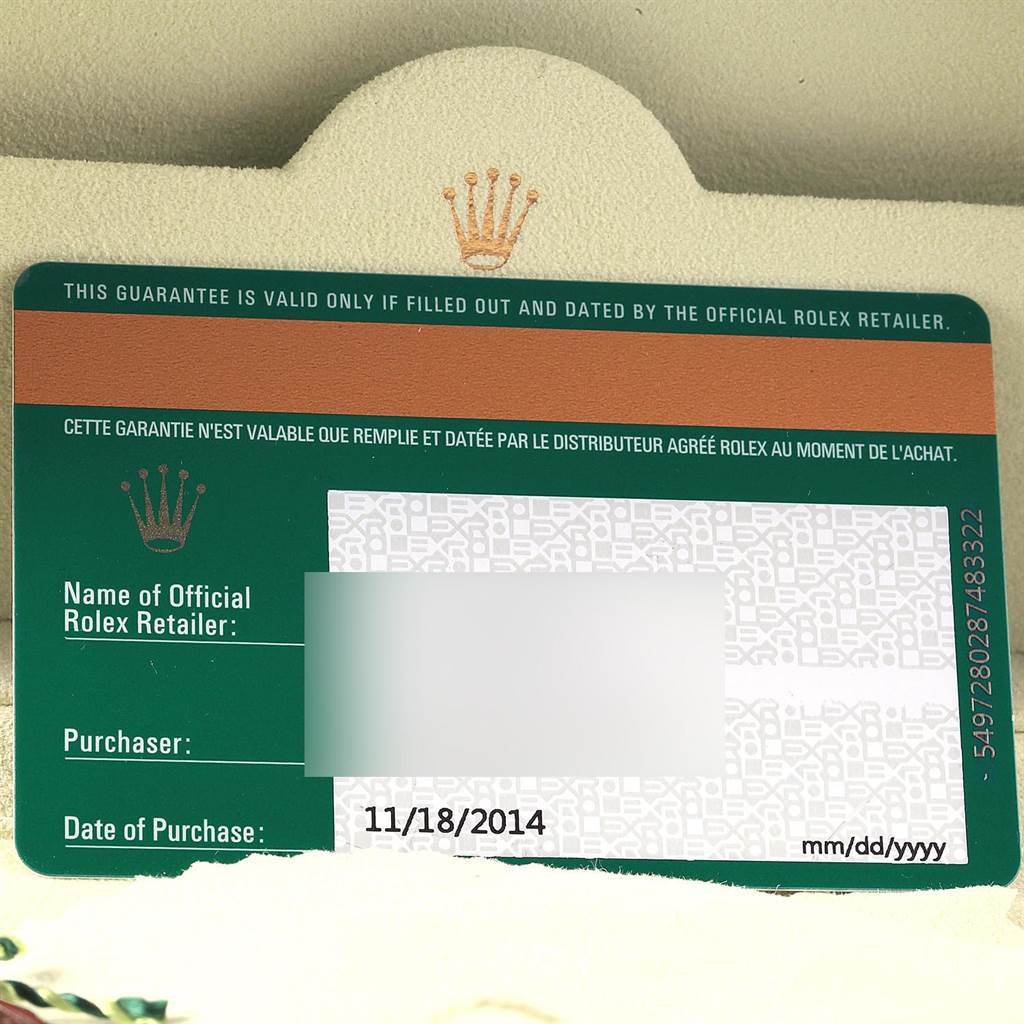 This image shows a warranty card for a Rolex Oyster Perpetual 114200 Men
s Stainless Steel White Dial 114200 Men
s Stainless Steel White Dial watch, detailing the official retailer and the purchase date.