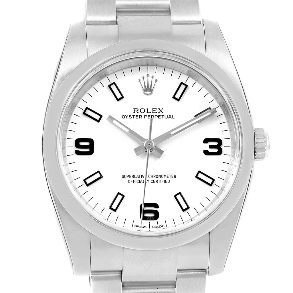 This image shows a front view of a Rolex Oyster Perpetual 114200 Men
s Stainless Steel White Dial 114200 Men
s Stainless Steel White Dial watch, highlighting the dial, hands, and bracelet.