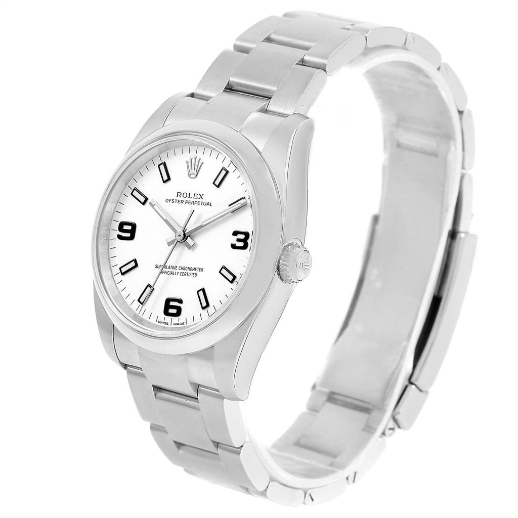 This image shows a Rolex Oyster Perpetual 114200 Men
s Stainless Steel White Dial 114200 Men
s Stainless Steel White Dial watch from a front angle, highlighting the watch face and stainless steel bracelet.