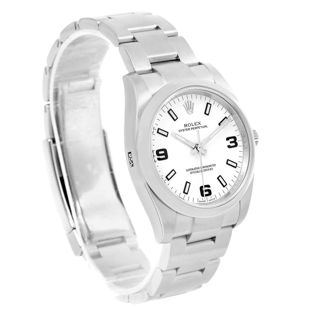 This image shows a three-quarter angle view of a Rolex Oyster Perpetual 114200 Men
s Stainless Steel White Dial 114200 Men
s Stainless Steel White Dial watch, highlighting the face, bezel, and bracelet.