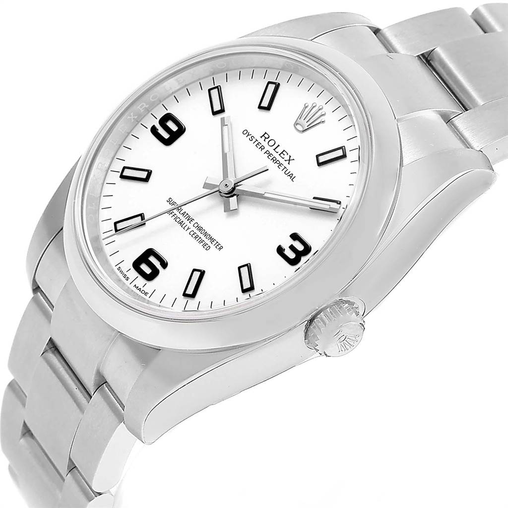 The image shows an angled view of the Rolex Oyster Perpetual 114200 Men
s Stainless Steel White Dial 114200 Men
s Stainless Steel White Dial watch, highlighting its face, crown, and bracelet.