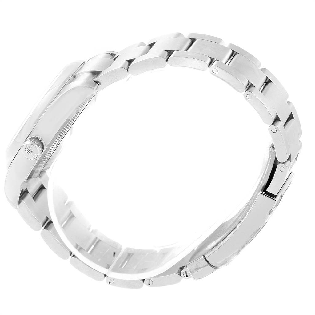The image shows the side view of the band and case of a Rolex Oyster Perpetual 114200 Men
s Stainless Steel White Dial 114200 Men
s Stainless Steel White Dial watch, highlighting the clasp and crown.