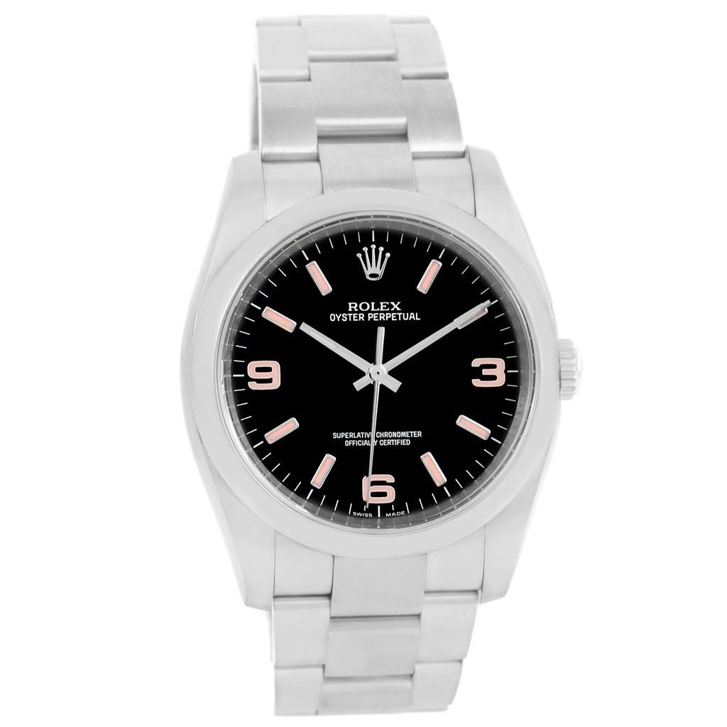 The image shows a front view of a Rolex Oyster Perpetual 116000 Men's Stainless Steel Black Dial 116000 Men's Stainless Steel Black Dial watch with its dial, hands, crown, and bracelet visible.