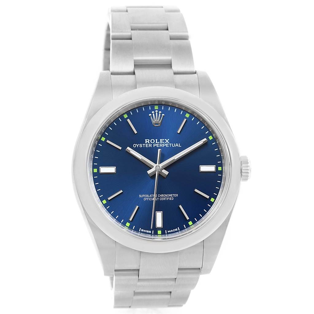 The image shows the front view of a Rolex Oyster Perpetual 114300 Men's Stainless Steel Blue Dial 114300 Men's Stainless Steel Blue Dial watch, displaying its face, bezel, case, and bracelet.