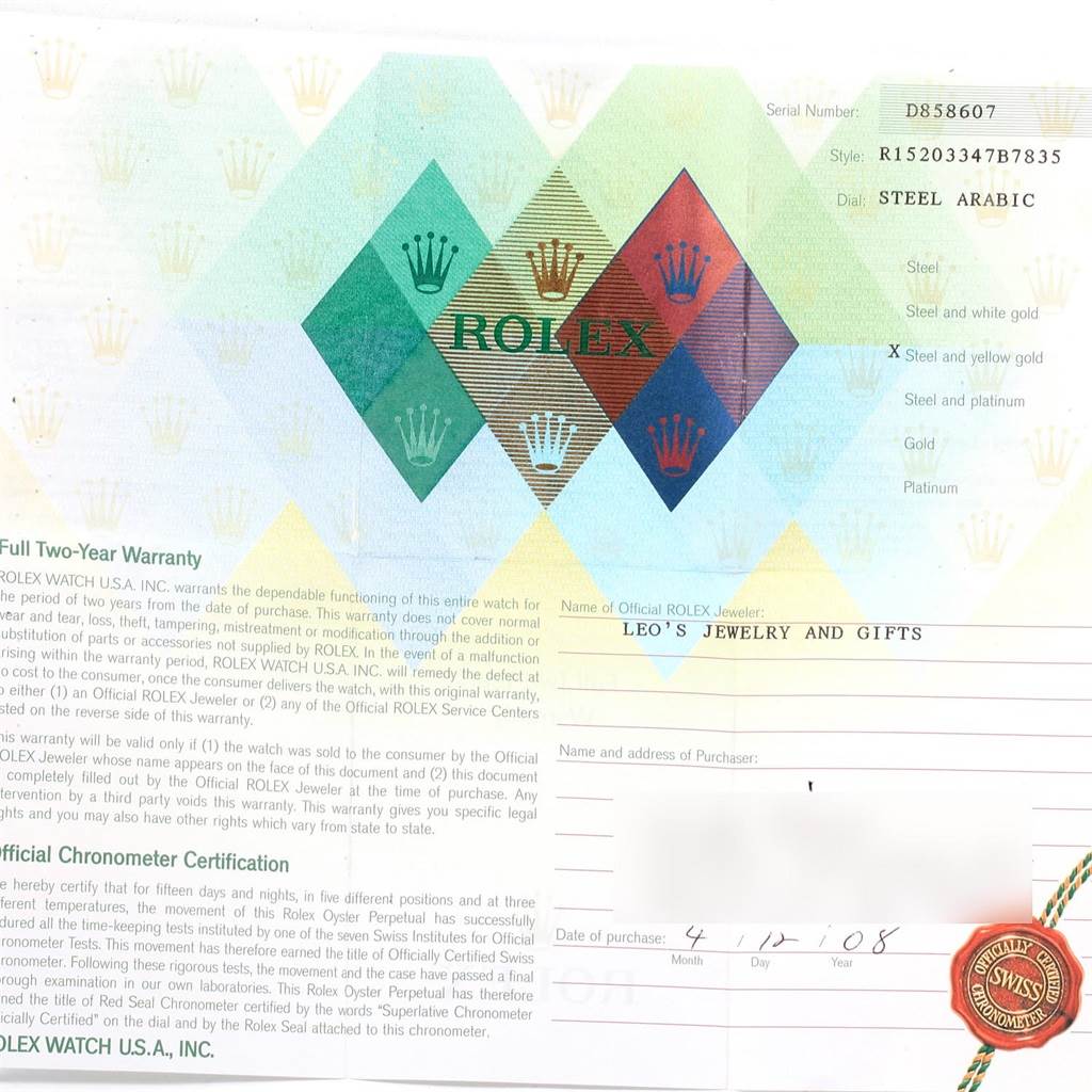 The image shows a warranty certificate for a Rolex Oyster Perpetual 15203 Men's Steel and Gold (two tone) Grey Dial 15203 Men's Steel and Gold (two tone) Grey Dial watch with a steel Arabic dial.