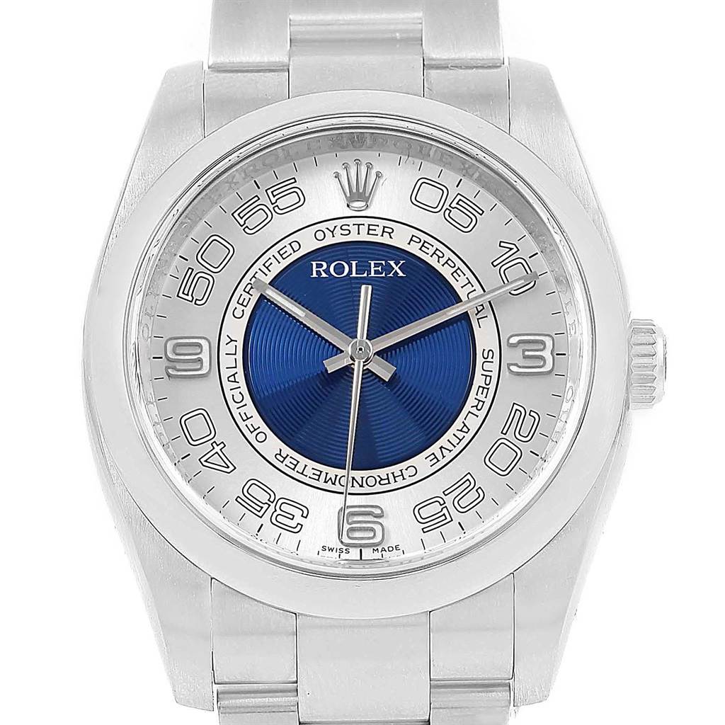 This image shows a front view of a Rolex Oyster Perpetual 116000 Men
s Stainless Steel Silver Dial 116000 Men
s Stainless Steel Silver Dial watch with a blue dial and stainless steel bracelet.
