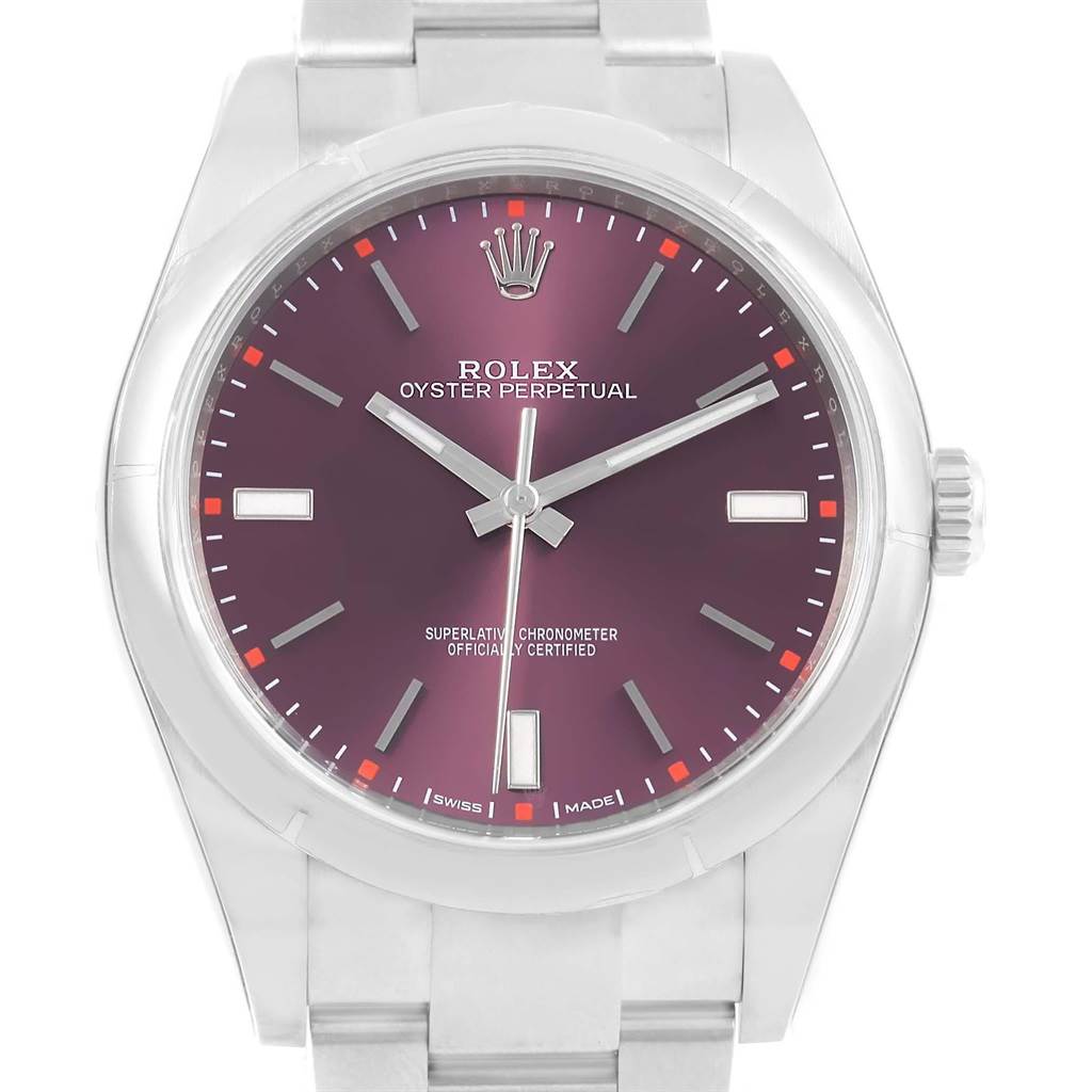 This image shows a front view of the Rolex Oyster Perpetual 114300 Stainless Steel Burgundy Dial 114300 Stainless Steel Burgundy Dial watch with a purple dial and silver bracelet.