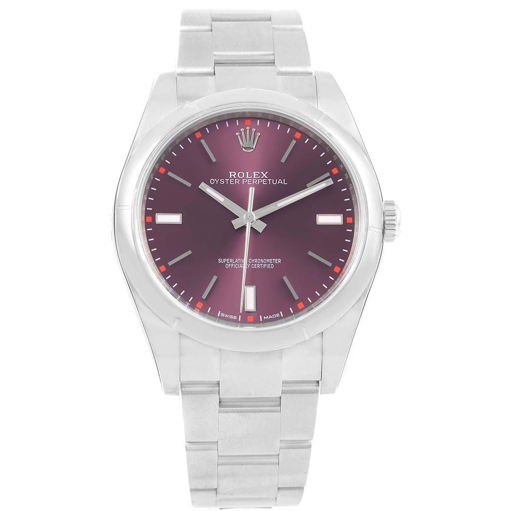 This is a frontal view of the Rolex Oyster Perpetual 114300 Stainless Steel Burgundy Dial 114300 Stainless Steel Burgundy Dial watch showing its dial, bezel, bracelet, and crown.