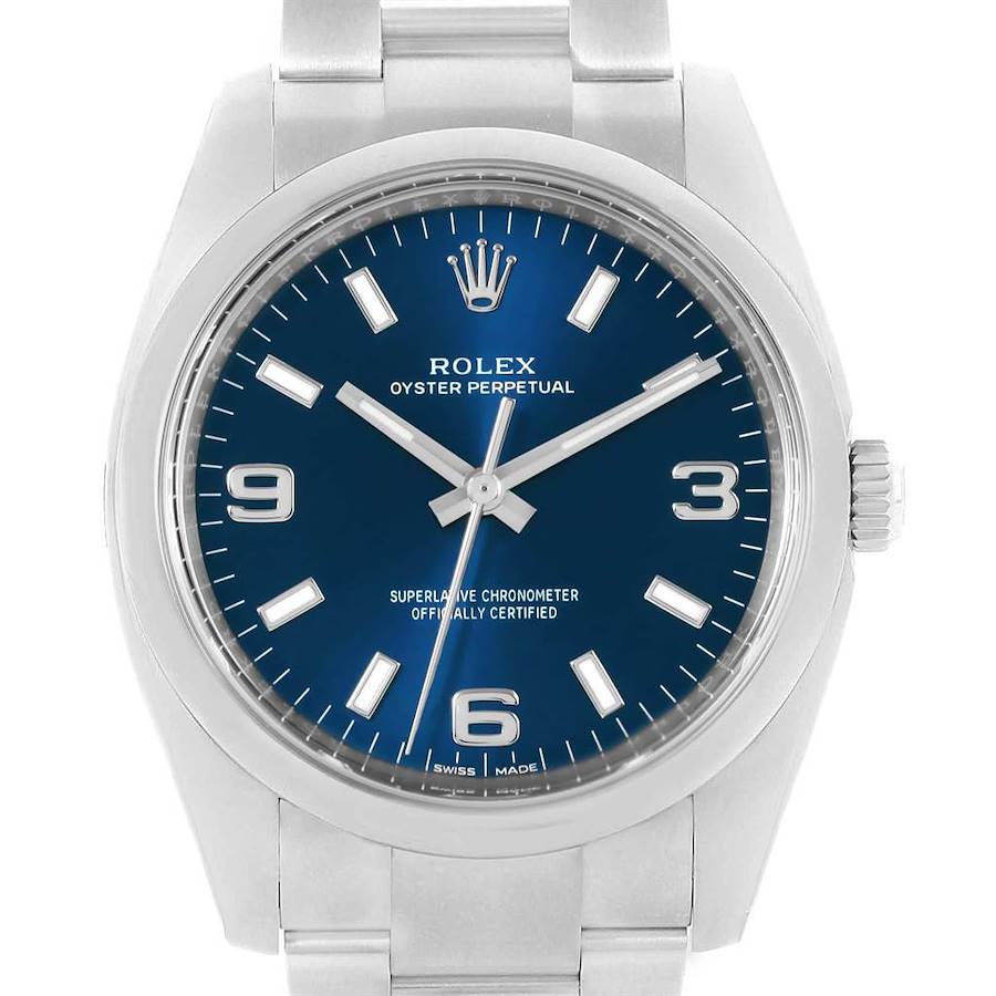Rolex Oyster Perpetual 34 Blue Dial Oyster Bracelet Watch 114200 Unworn SwissWatchExpo