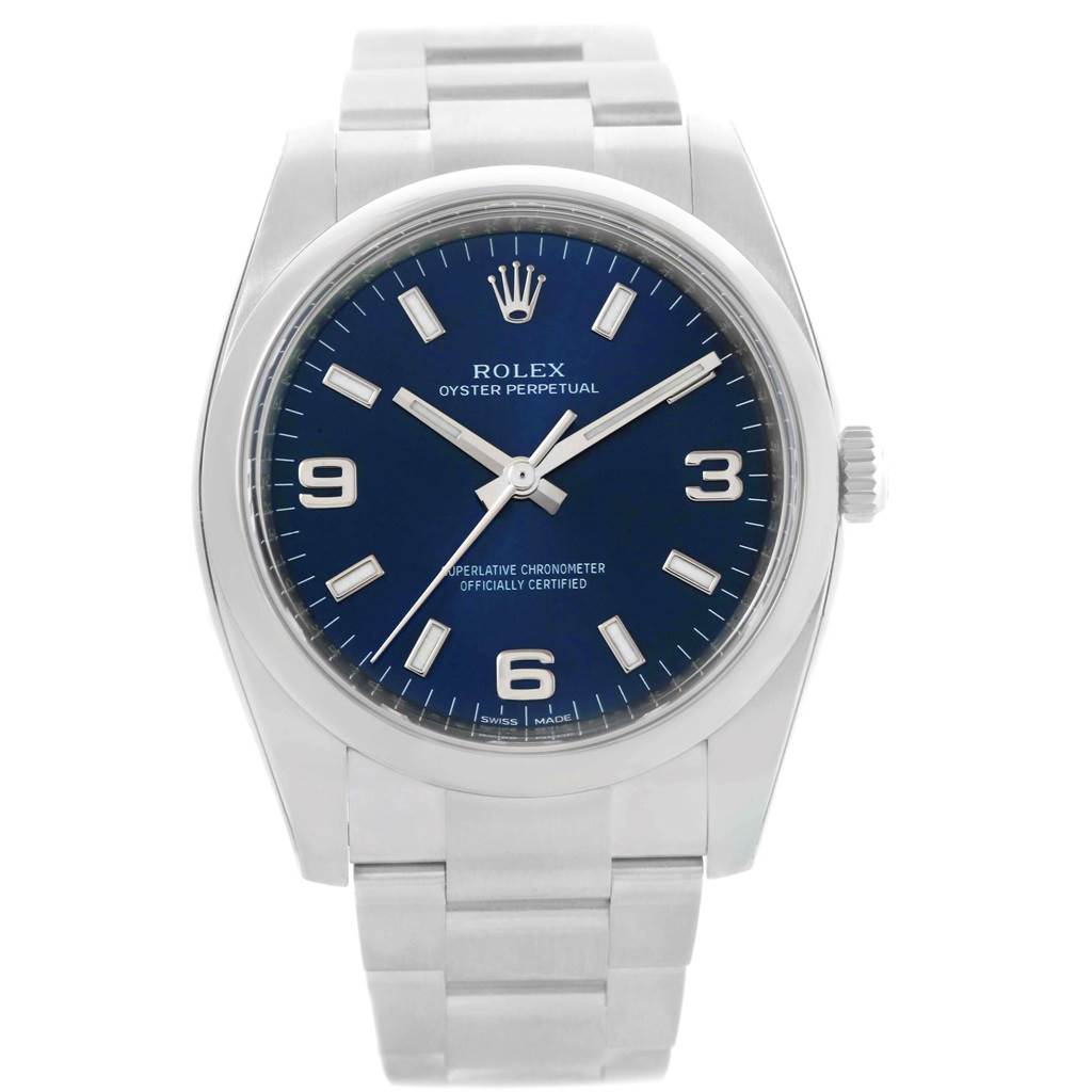 This image shows a front view of the Rolex Oyster Perpetual 114200 Men's Stainless Steel Blue Dial 114200 Men's Stainless Steel Blue Dial watch, highlighting its blue dial and silver bracelet.