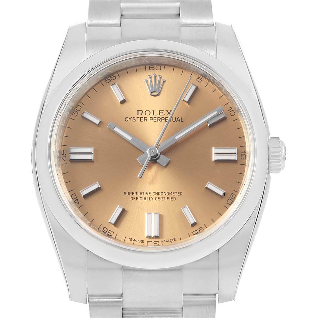 This image shows a frontal view of the Rolex Oyster Perpetual 116000 Men's Stainless Steel Champagne Dial 116000 Men's Stainless Steel Champagne Dial watch, detailing its dial, hands, and bracelet.