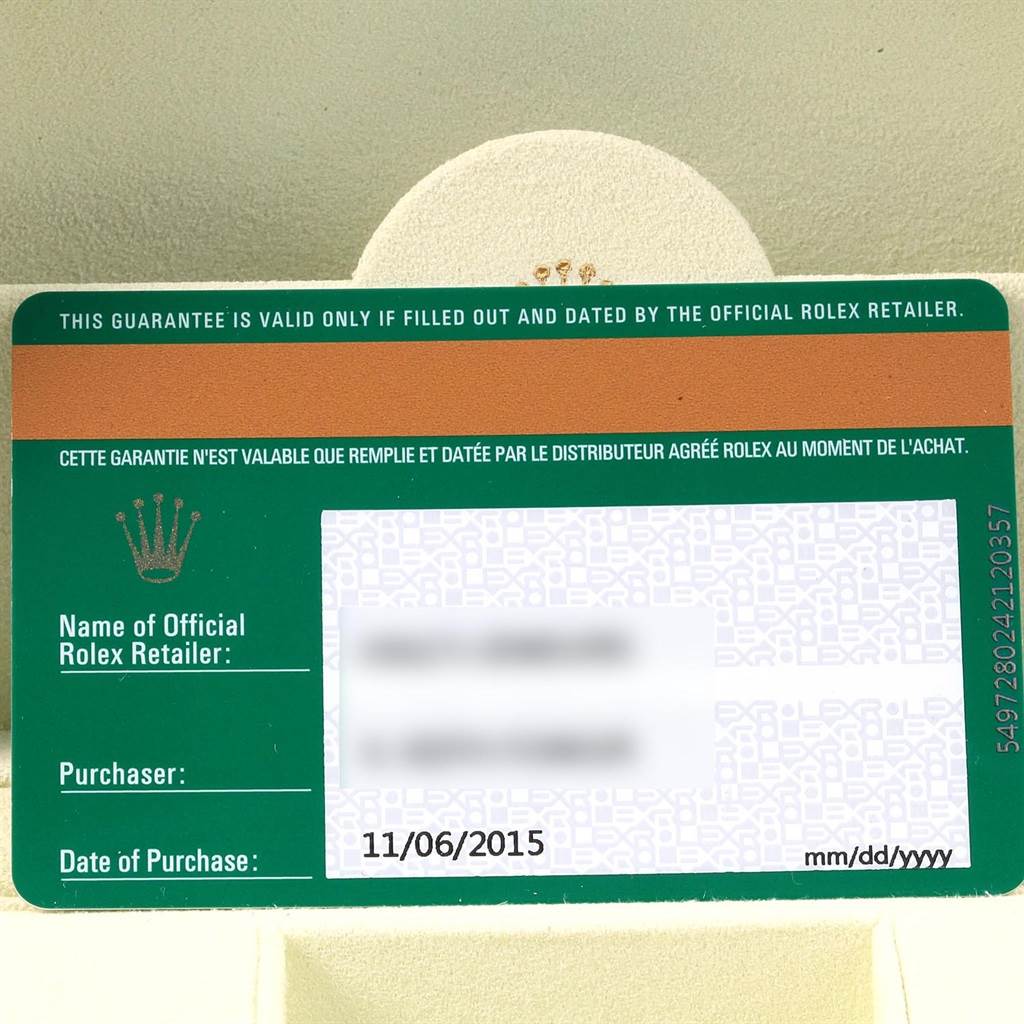 This image shows a guarantee card for a Rolex Oyster Perpetual 116000 Men's Stainless Steel Champagne Dial 116000 Men's Stainless Steel Champagne Dial watch, detailing the retailer, purchaser, and date of purchase.