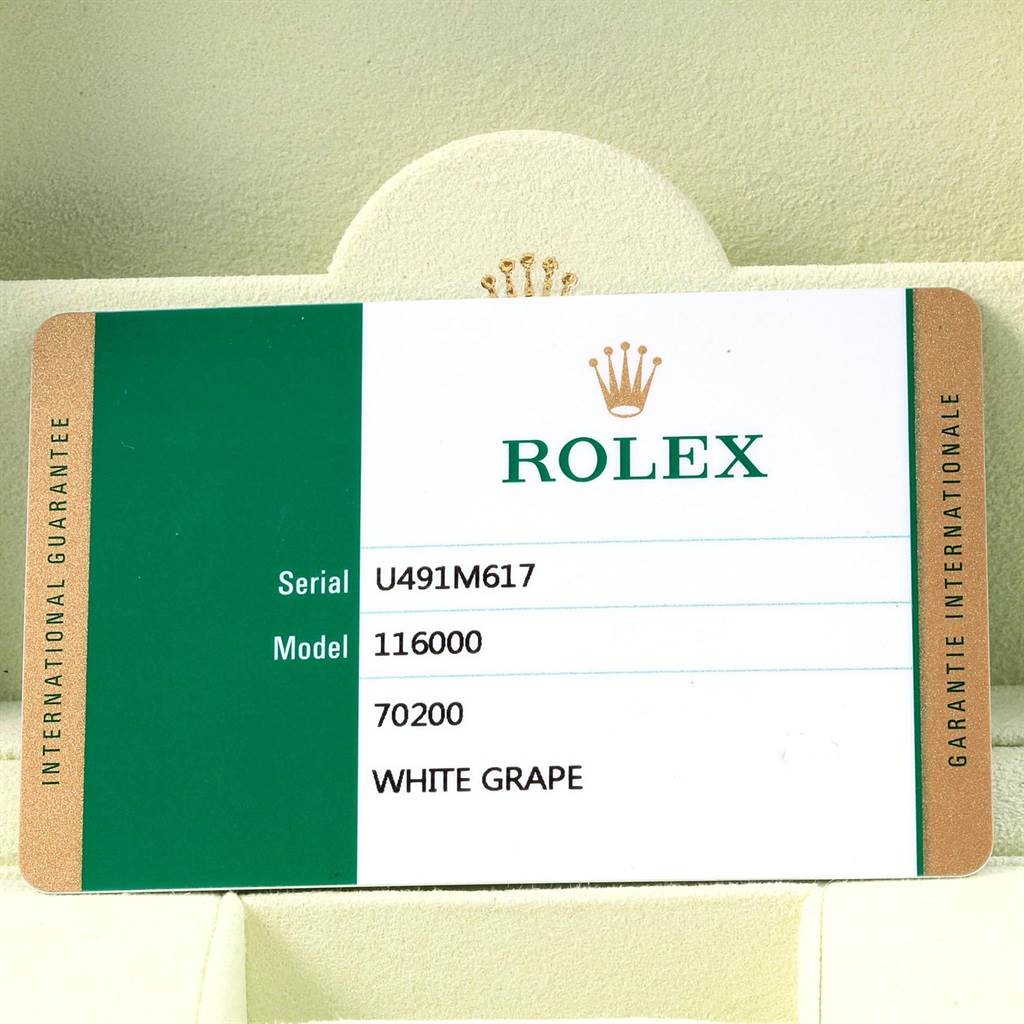 The image shows a close-up of the international guarantee card for a Rolex Oyster Perpetual 116000 Men's Stainless Steel Champagne Dial 116000 Men's Stainless Steel Champagne Dial model 116000, serial U491M617.