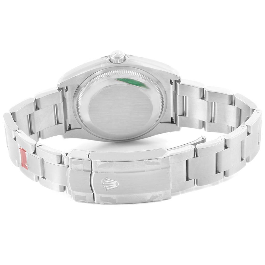 This image shows the back view of a Rolex Oyster Perpetual 114200 Men's Stainless Steel Blue Dial 114200 Men's Stainless Steel Blue Dial watch, highlighting the clasp and bracelet.